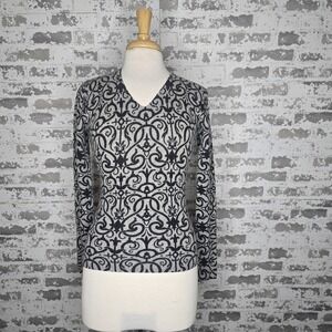 Kinross Cashmere Sweater Womens XS Black Gray Damask Pattern V Neck Long Sleeve